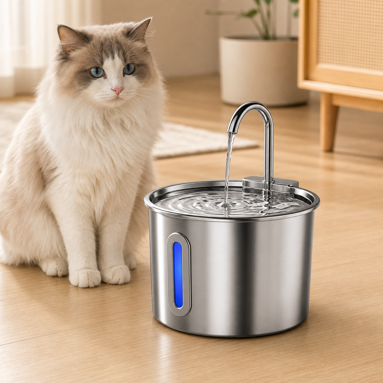 Bebedero PetFlow lleno junto a un gato en una cocina luminosa