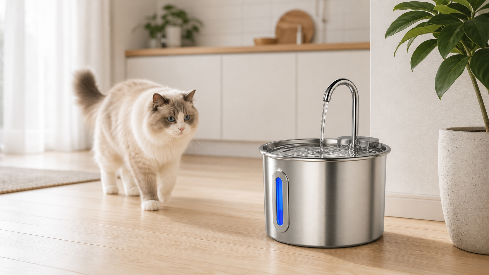 Gato junto al bebedero PetFlow en una cocina mediterranea