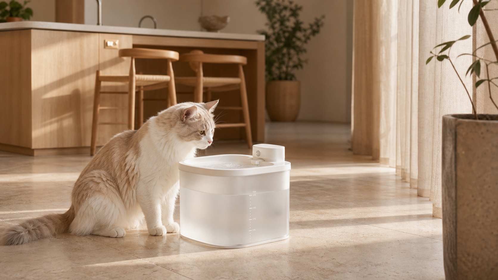 Gato junto al bebedero PetFlow en una cocina mediterranea