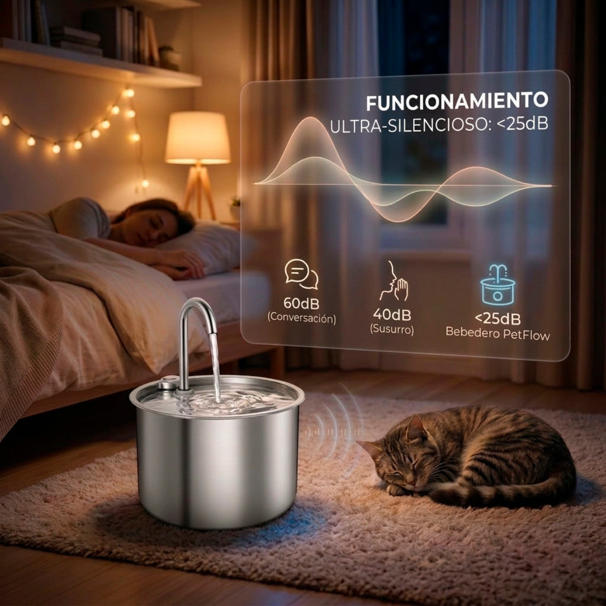 Bebedero PetFlow para Gatos — Fuente de Agua Silenciosa de Acero Inoxidable · 2,2 L