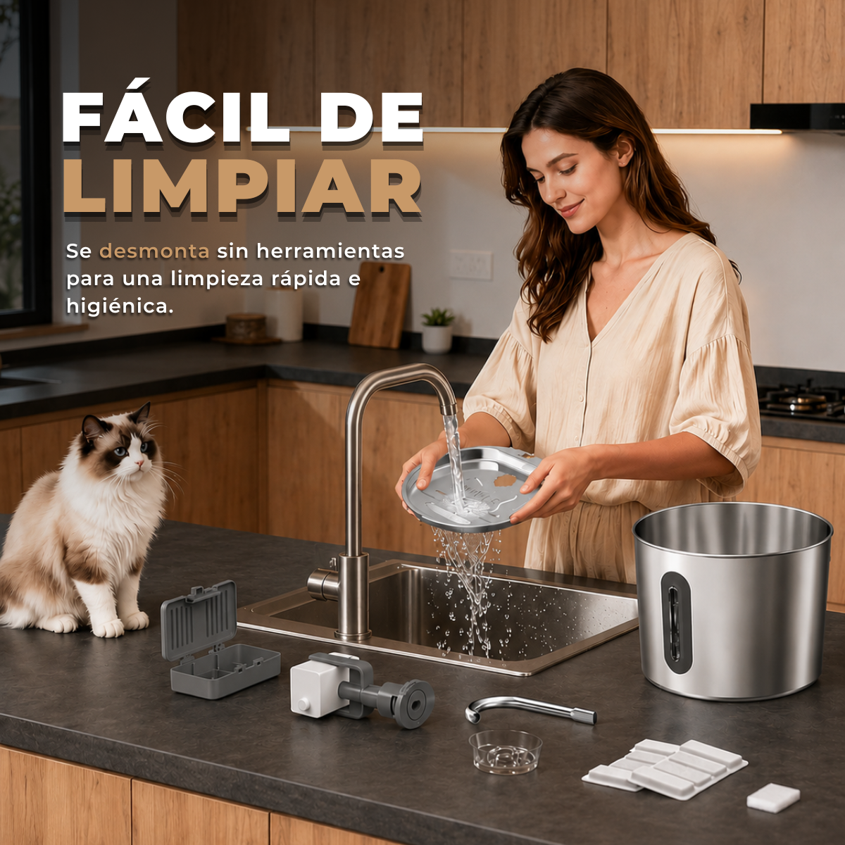 Bebedero PetFlow para Gatos — Fuente de Agua Silenciosa de Acero Inoxidable · 2,2 L