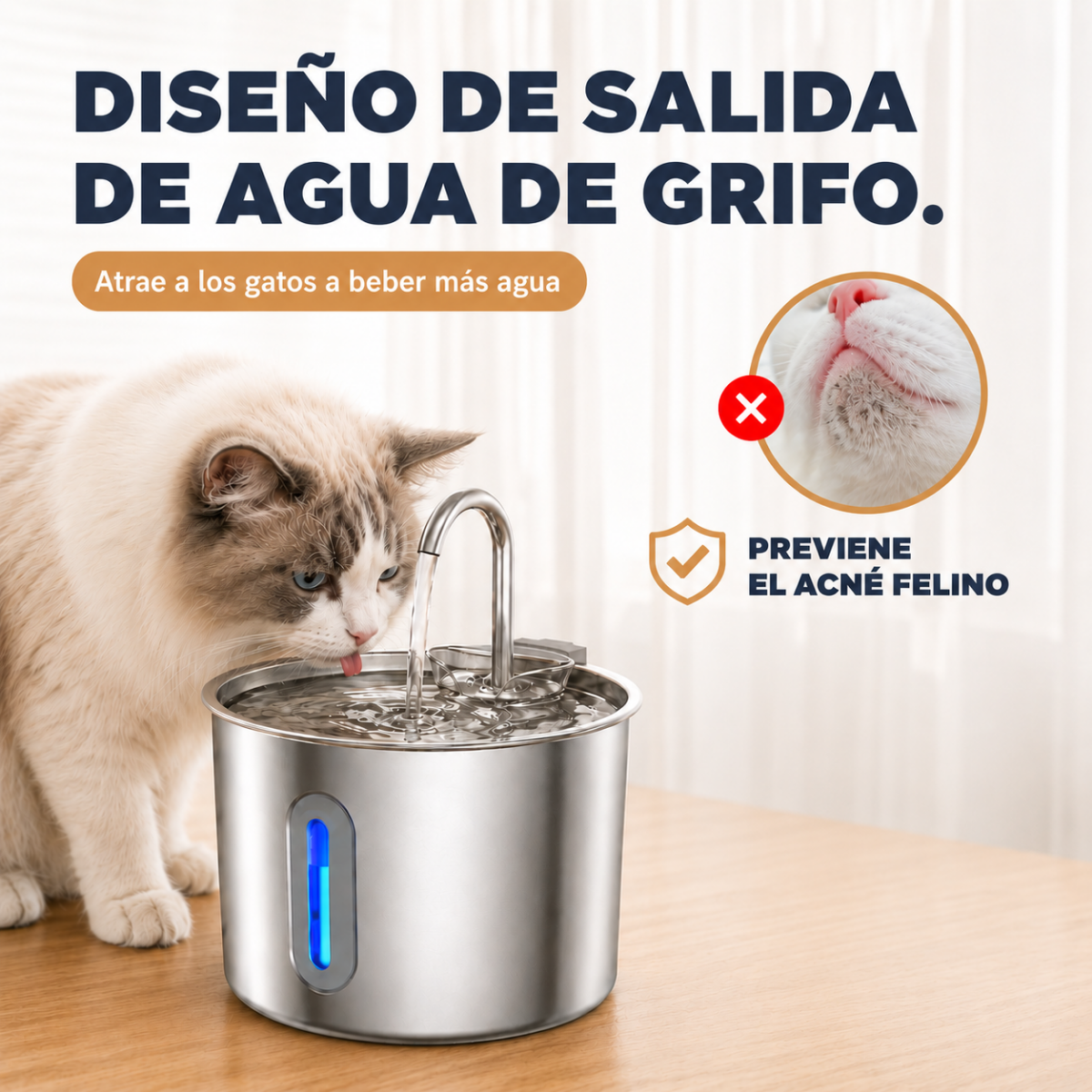 Bebedero PetFlow para Gatos — Fuente de Agua Silenciosa de Acero Inoxidable · 2,2 L