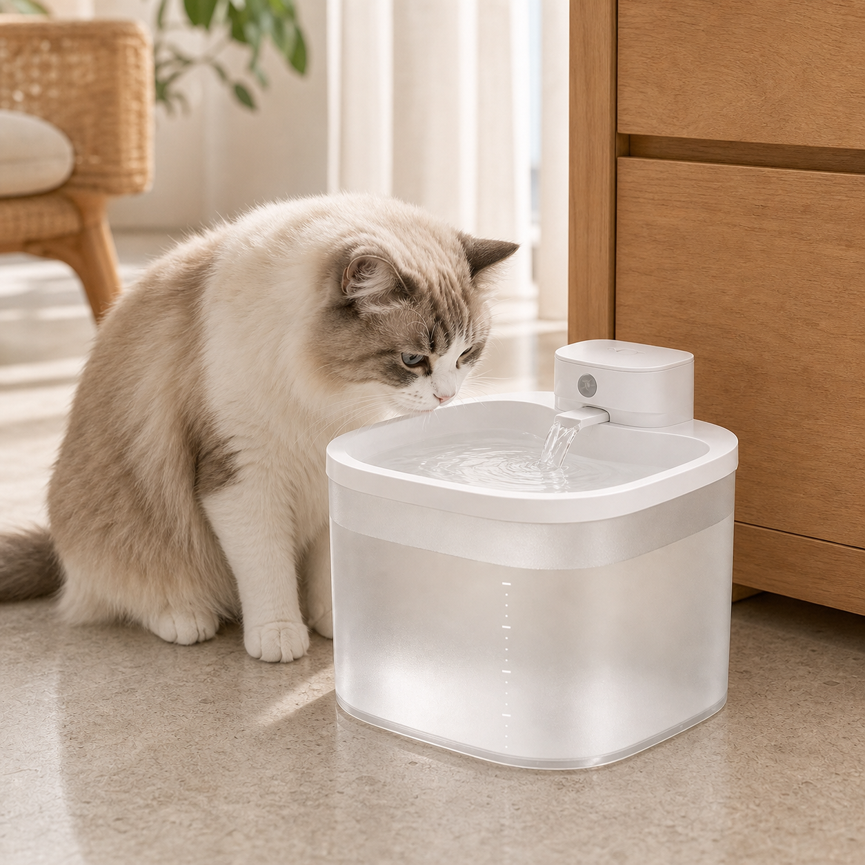 Bebedero PetFlow lleno junto a un gato en una cocina luminosa