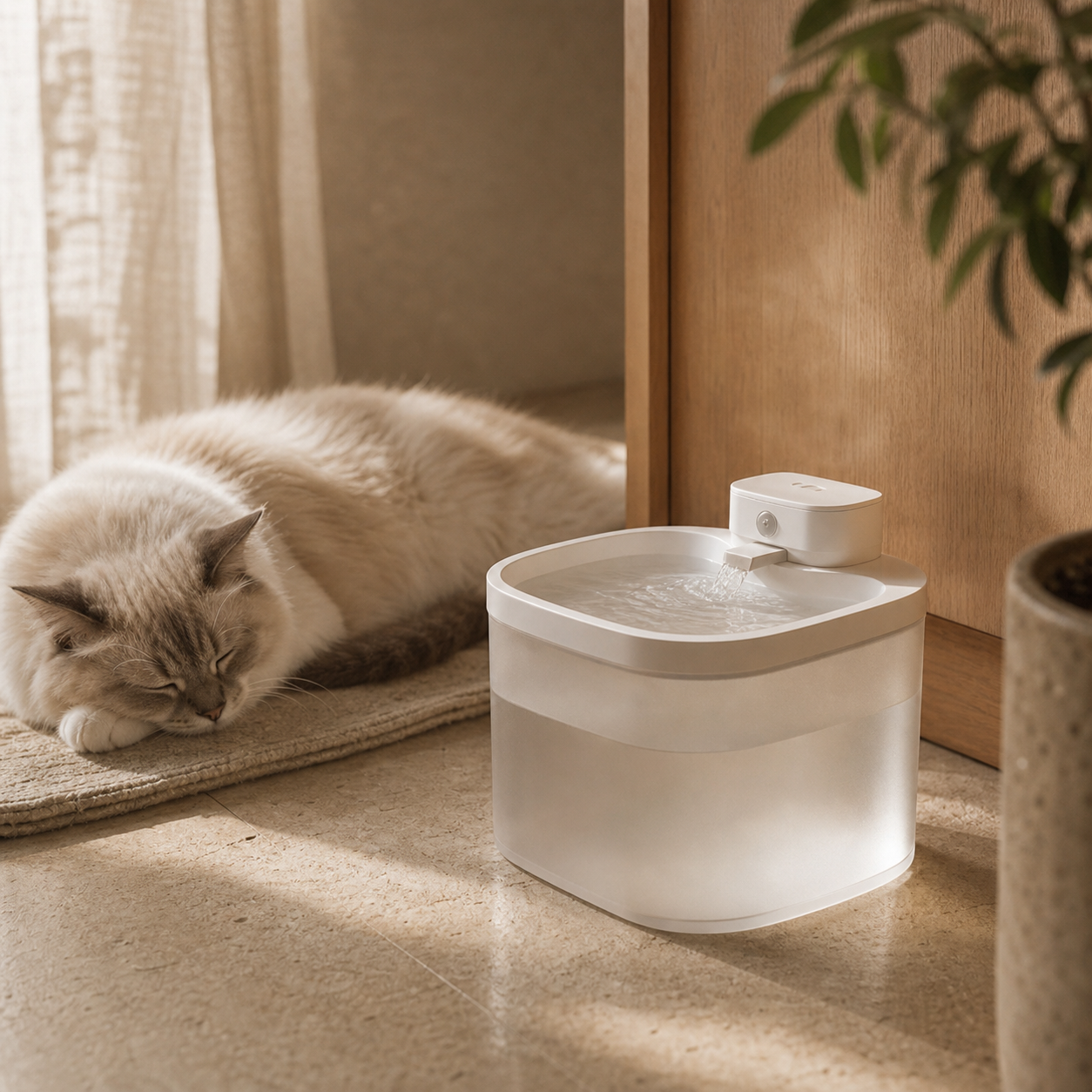Bebedero PetFlow funcionando en silencio junto a un gato descansando