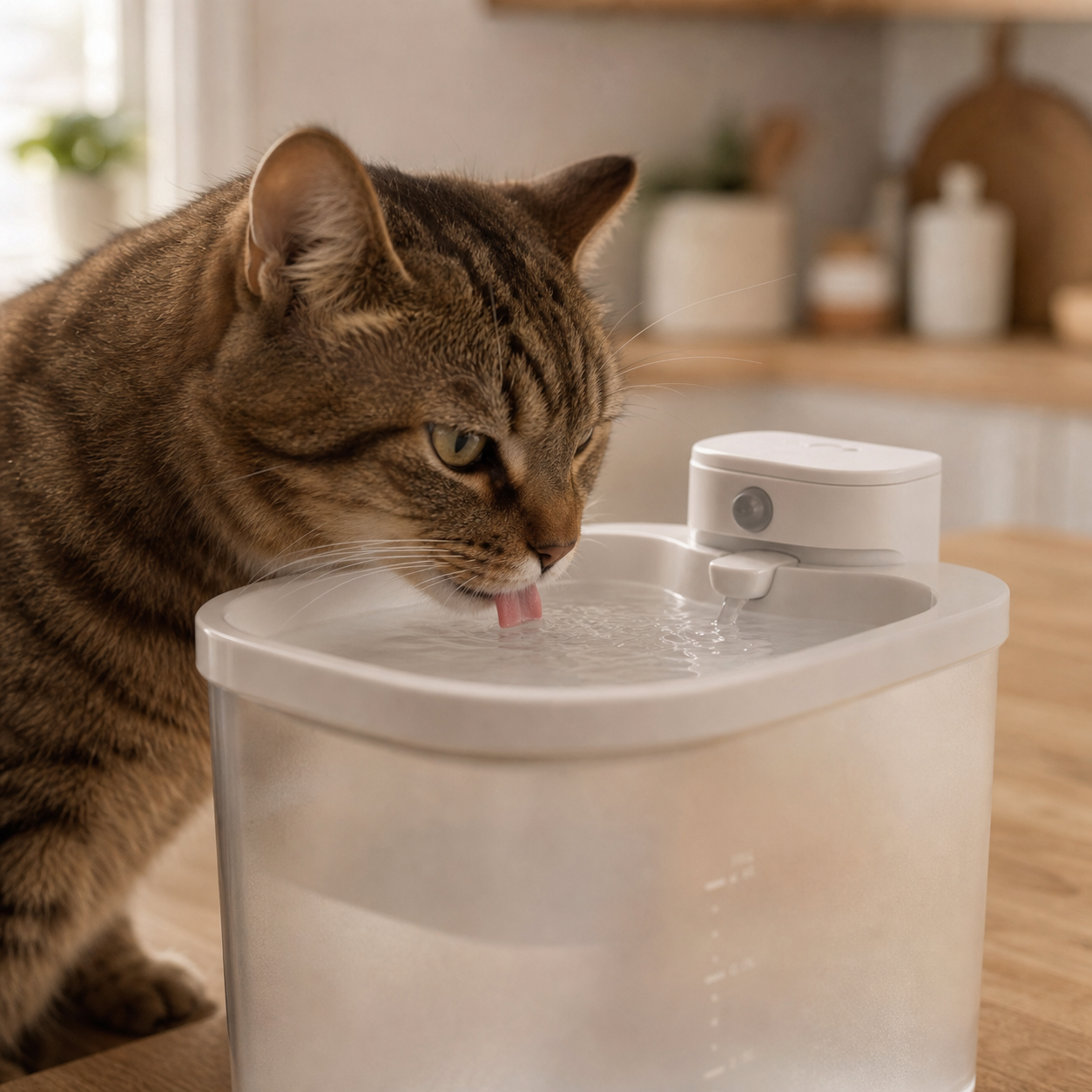 Gato atigrado bebiendo del bebedero PetFlow